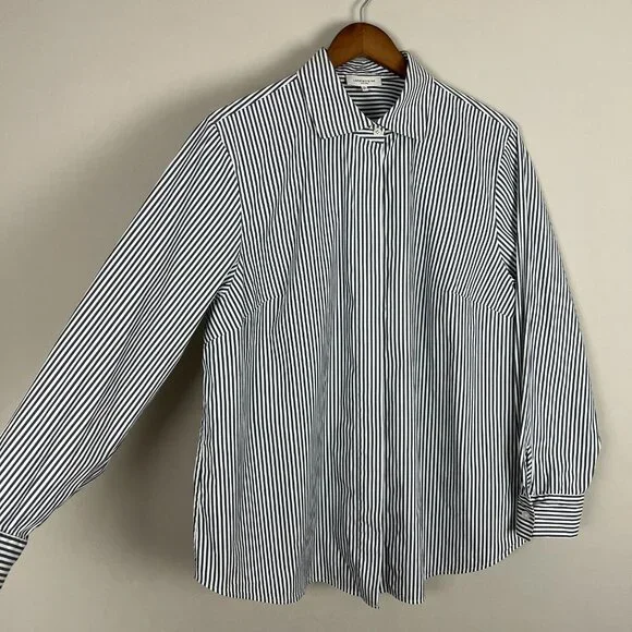 LAFAYETTE 148 NY Shirt Womens 1X‎ Gray White Button Front Striped Blouse Office - Picture 5 of 9
